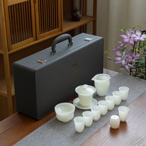 Jade-White Porcelain Tea Set Complete Business Gift Set Printed for Home & Office Use Premium Tea Brewing Ensemble for Hospitality